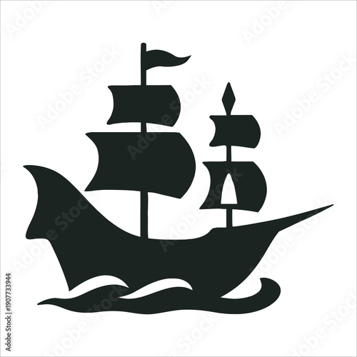 Vintage Sailing Ship Silhouette Galleon at Sea Nautical Icon Vector Illustration