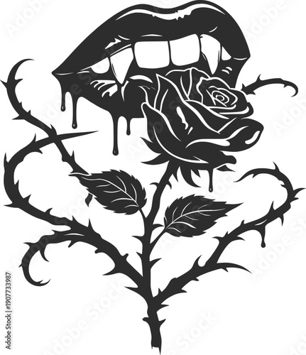 Gothic Vampire Lips Biting Rose Thorn Dark Fantasy Illustration.