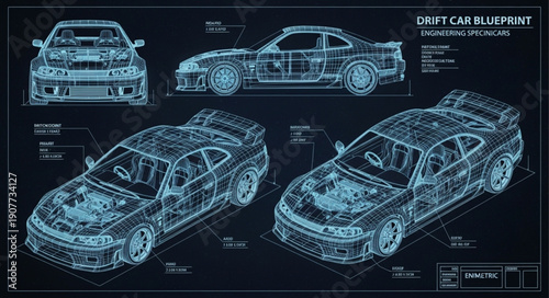 Car Blueprint Technical Drawing Illustration.