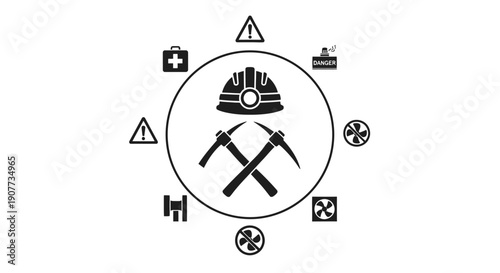 Mining Industry Logo with Safety Symbols and Tools.