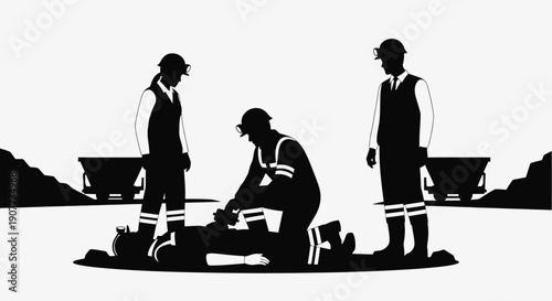 Three workers in uniform standing and kneeling on a construction site.