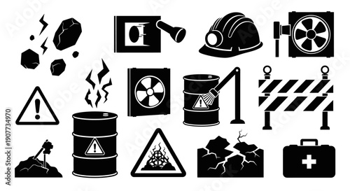 Collection of black and white industrial safety icons.
