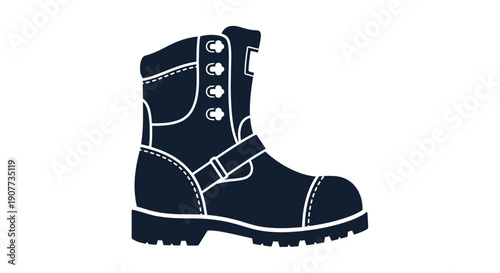 Navy blue high-top work boot with buckles and stitching details.