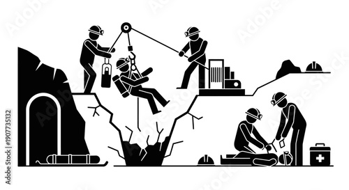Rescue operation in progress with workers lowering a person into a cave.