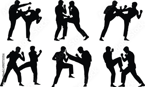 Martial arts fighting silhouettes collection, men practicing combat and self defense poses set, karate and kickboxing concept isolated black vector illustration bundle