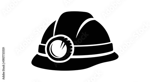 Black and white illustration of a miner's hard hat with headlamp.