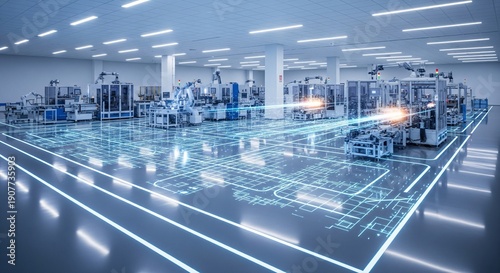Automated robotic assembly line in a modern factory with digital blueprint overlay on floor
