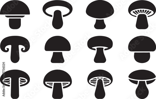 A collection of 12 unique black mushroom silhouettes on a white background showcasing various shapes and styles