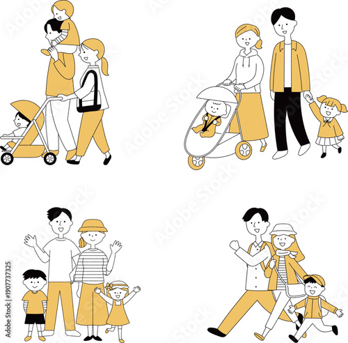 若い家族の集合イラストセット単色