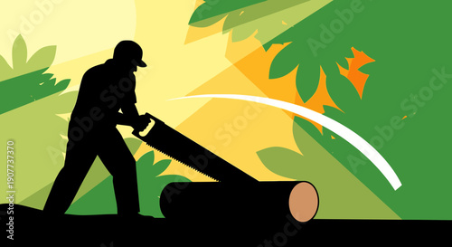 A silhouetted woodcutter diligently saws a large log in a vibrant, stylized forest setting, illustrating the demanding work of forestry and timber harvesting.