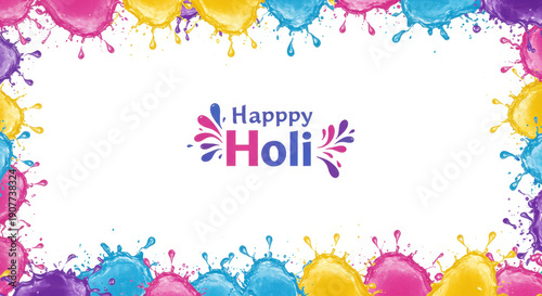 Holi Festival Celebration: A vibrant and colorful Holi greeting, with a splash of vivid colors forming a festive border, encapsulates the spirit of the Hindu festival.