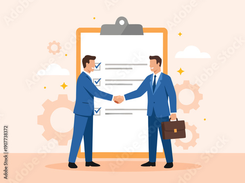 Businessmen shaking hands over a checklist, symbolizing agreement, partnership, deal, and successful collaboration on a project.