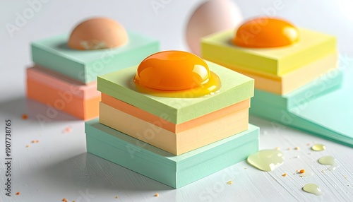 Surreal egg yolks atop pastel post-it notes on white backdrop, dreamy concept