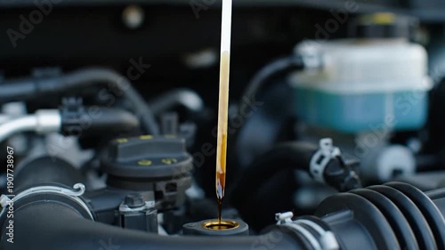 A close-up of a car engine bay, dipstick being removed revealing the engine oil level