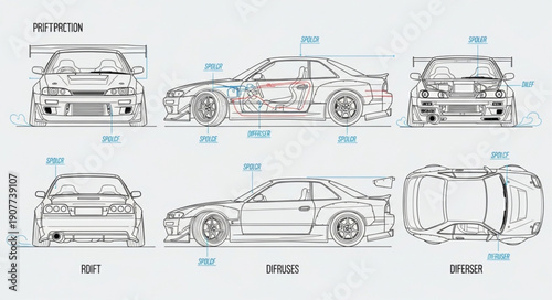 Car Blueprint Technical Drawing Schematics.