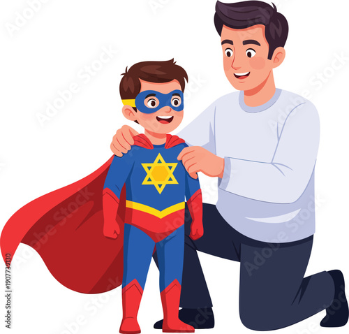 Father helping son dress as superhero for Purim celebration illustration