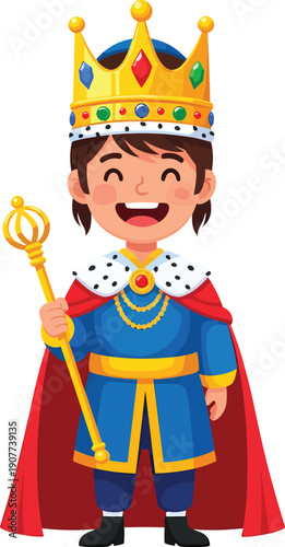 Happy child dressed as king for Purim holiday cartoon illustration