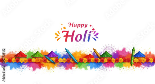 Happy Holi: A vibrant festive illustration of Happy Holi with colorful powder and water guns on the holiday, conveying joy and the spirit of the occasion.