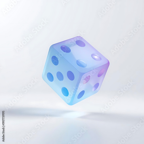 A translucent iridescent blue die floats in a softly lit minimalist studio environment high-quality