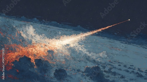 A capsule undergoes hypersonic atmospheric re-entry, leaving a brilliant plasma trail above illuminated clouds.