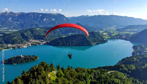 Red paraglider soars over a turquoise lake with mountains in the background