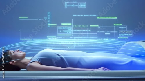 Complex translucent holographic interface displaying real time neural integrity and cryo stability data over a stasis pod on a dark background concept of advanced biometric monitoring and life support