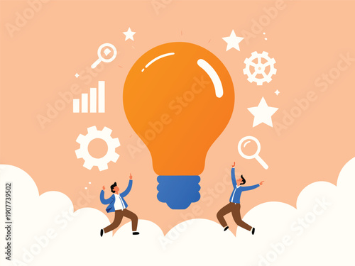 Two businessmen celebrating a giant light bulb idea, symbolizing innovation, creativity, and business solutions.
