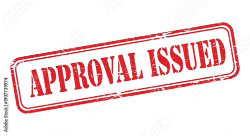 A rectangular red stamp displaying the word approval issued in bold white capital letters signifying official authorization high quality professional detailed
