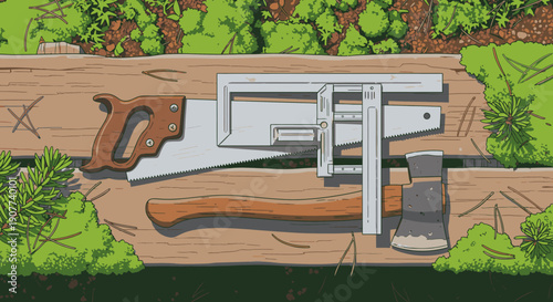Essential woodworking tools: a hand saw, axe, and measuring square, are neatly arranged on a rustic wooden plank, framed by green foliage, ready for carpentry.