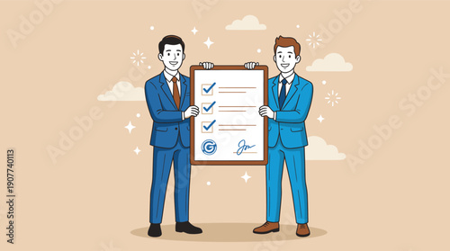 Two businessmen in suits hold up a completed checklist with signatures, symbolizing achievement and success in business. Clean vector illustration.