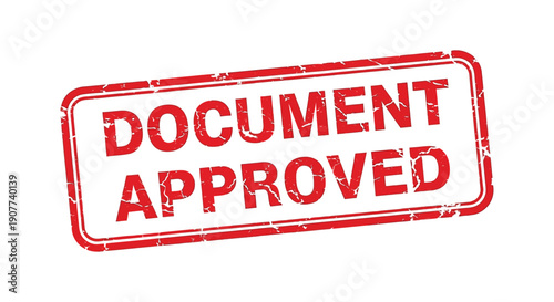 A vibrant red rubber stamp displaying the words document approved in bold uppercase lettering on a white background high quality professional