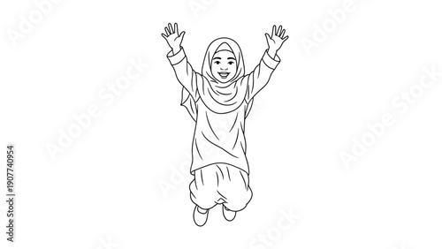 Happy young girl wearing a traditional hijab and modest clothing jumping in the air with her arms raised in a celebration of pure childhood joy.