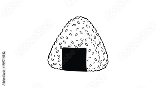 Simple Japanese onigiri rice ball wrapped in a piece of nori seaweed, presented as a clean line art illustration perfect for food icons or art.
