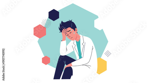 Exhausted male doctor sitting in distress against a geometric background, illustrating healthcare professional burnout and mental health struggles.