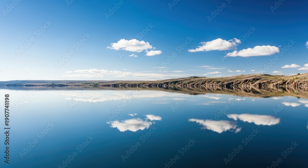 Fototapeta premium Serene natural waterscape featuring a vast, calm lake surface reflecting the expansive blue sky and distant rugged shore, highlighting tranquility, forest, deep, travel