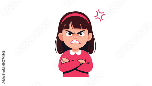 Frustrated young girl with dark hair and a red headband crossing her arms in anger, featuring a red symbol of irritation above her head for art.