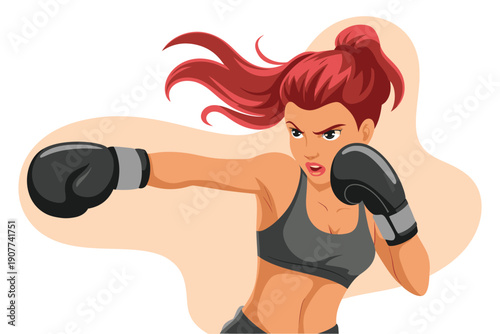 Dynamic illustration of a determined female boxer throwing a punch, showcasing athleticism and power in her movement.
