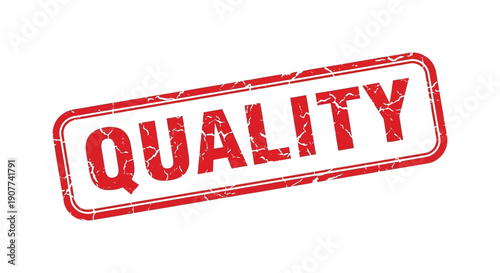 A distressed rectangular red stamp boldly displays the word quality in large white uppercase letters against a white background high quality