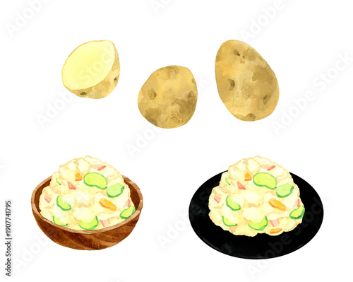 ポテトサラダとじゃがいものセット　料理・食べ物の手描き水彩イラスト素材