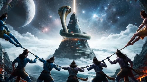 Samudra manthan, the churning of the cosmic ocean by gods and demons for the elixir of immortality.