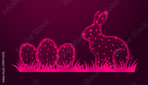Low poly wireframe easter bunny with eggs on dark pink background.