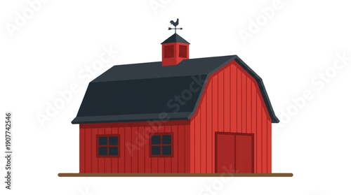 red barn house with black roof and weather vane on top