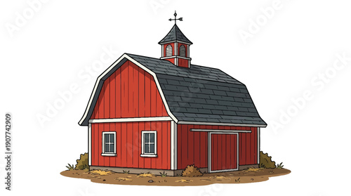 red barn house with gray roof and cupola on dirt ground