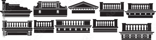 Collection of various architectural building facades and structures icons