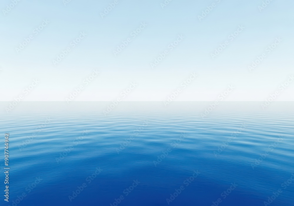 Fototapeta premium The straight horizon line separating the deep blue tropical ocean water from the pale clear sky, symbolizing serenity and infinite space, geometry, water, tranquility