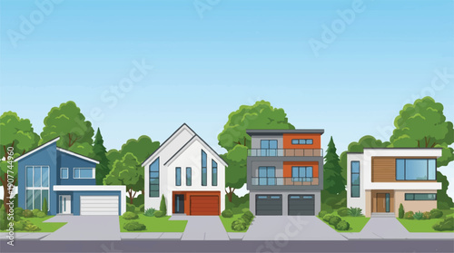 Row of modern houses with trees and blue sky