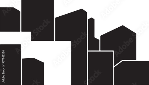 Modern cityscape with sleek black buildings and white background