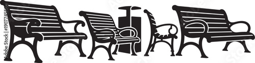 Black and white illustration of outdoor furniture set arrangement