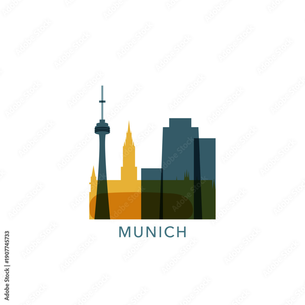 Fototapeta premium Munich logo, clip art with cityscape, skyline, panorama, sightseeing. Vector flat isolated illustration. Germany city image with landmarks and buildings