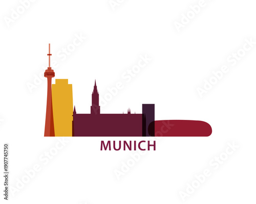 Munich logo, clip art with cityscape, skyline, panorama, sightseeing. Vector flat isolated illustration. Germany city image with landmarks and buildings